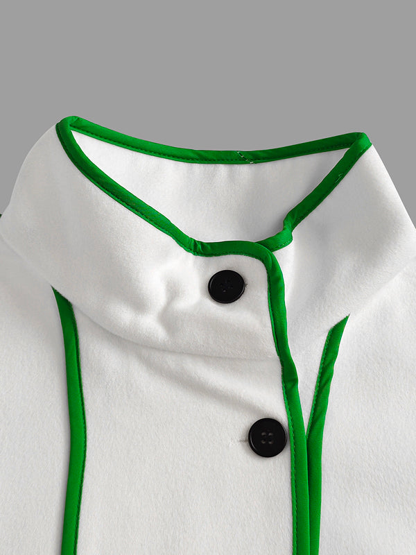 Manteau en laine ample boutonné à manches longues, à poches, à empiècements, à col montant, couleur contrastée