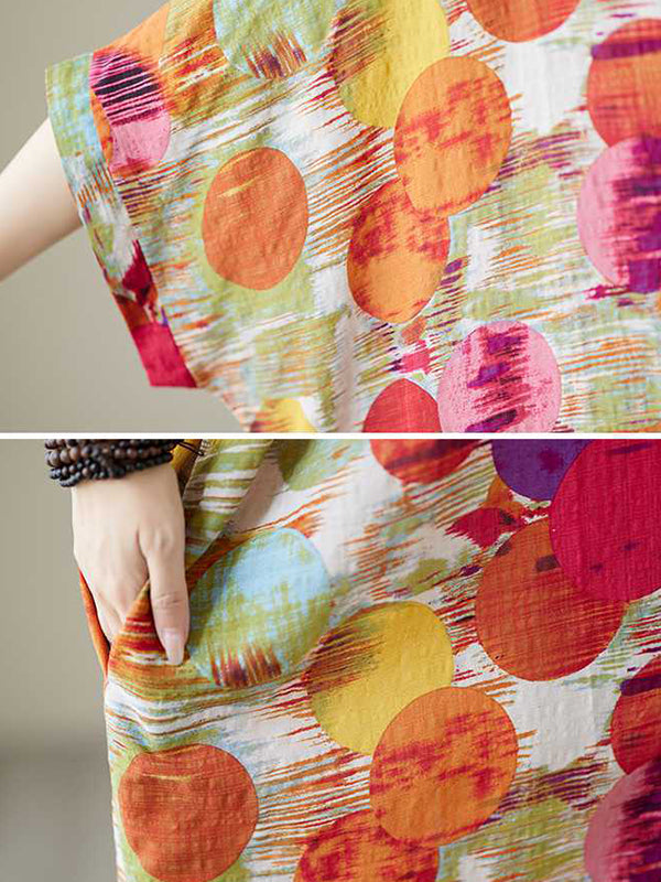 Robe longue à manches chauve-souris, à manches mi-longues, à pois, à col en V, couleur contrastée