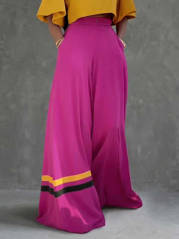 Pantalon boutonné taille haute, à jambes larges, couleur contrastée