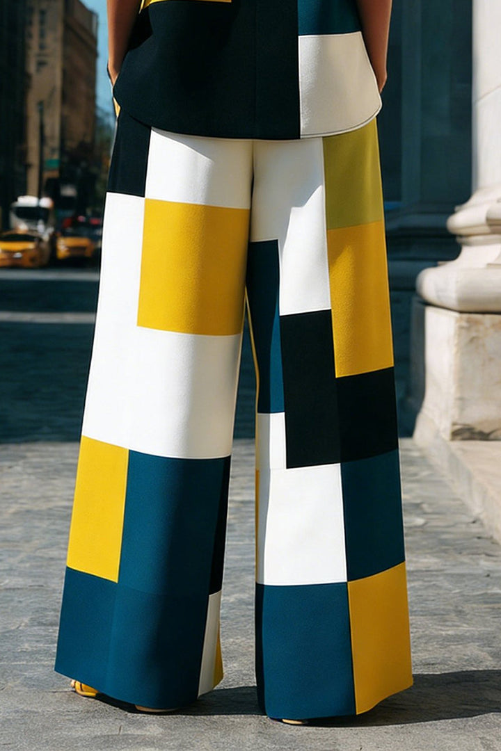Pantalon ample taille haute, à poches, à empiècements, couleur contrastée