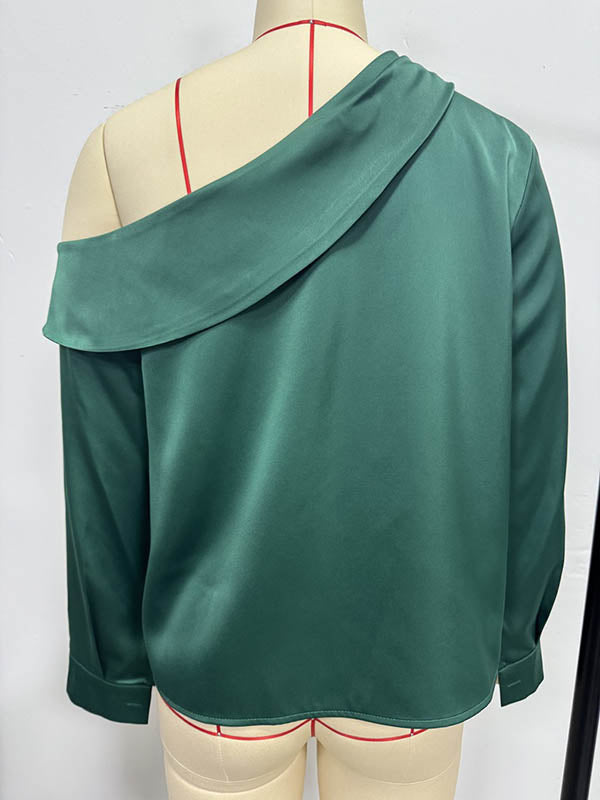 Chemisier plissé à manches longues, coupe près du corps, à empiècements, asymétrique à une épaule, couleur unie