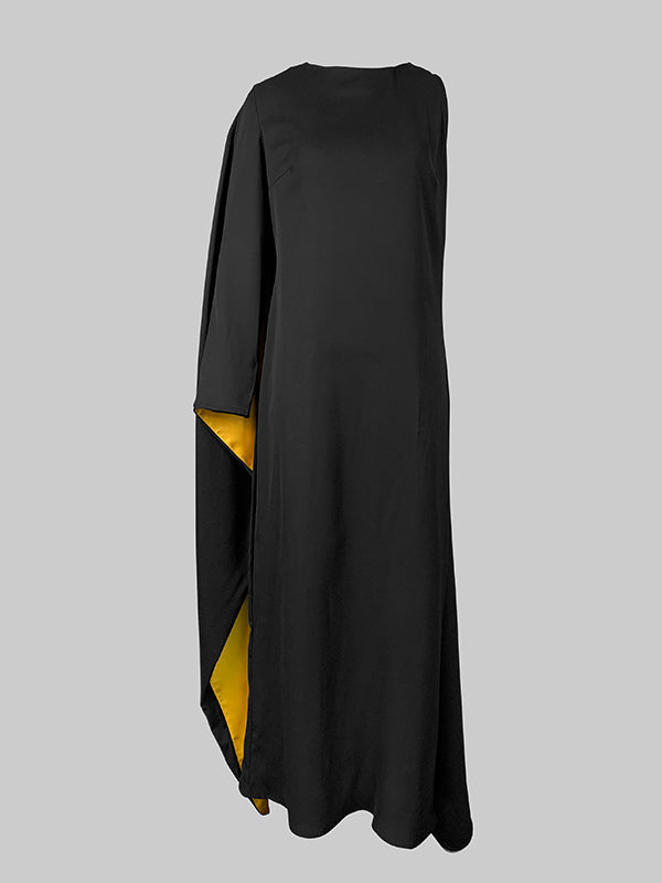 Robe longue asymétrique à coupe irrégulière, à col rond, couleur contrastée
