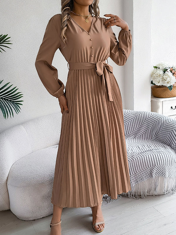 Robe longue boutonnée plissée taille haute, à manches longues, avec ceinture, à col en V, couleur unie