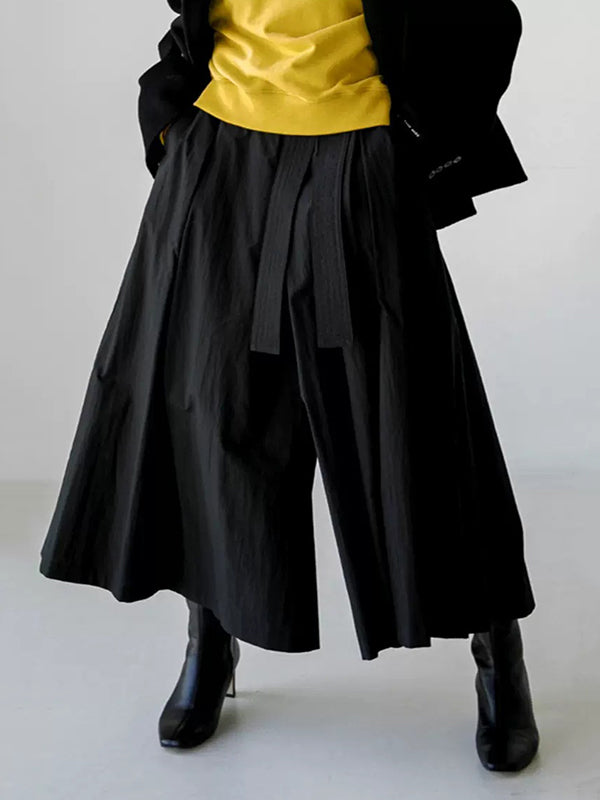 Pantalon ample plissé taille haute, à taille nouée, à jambes larges, couleur unie