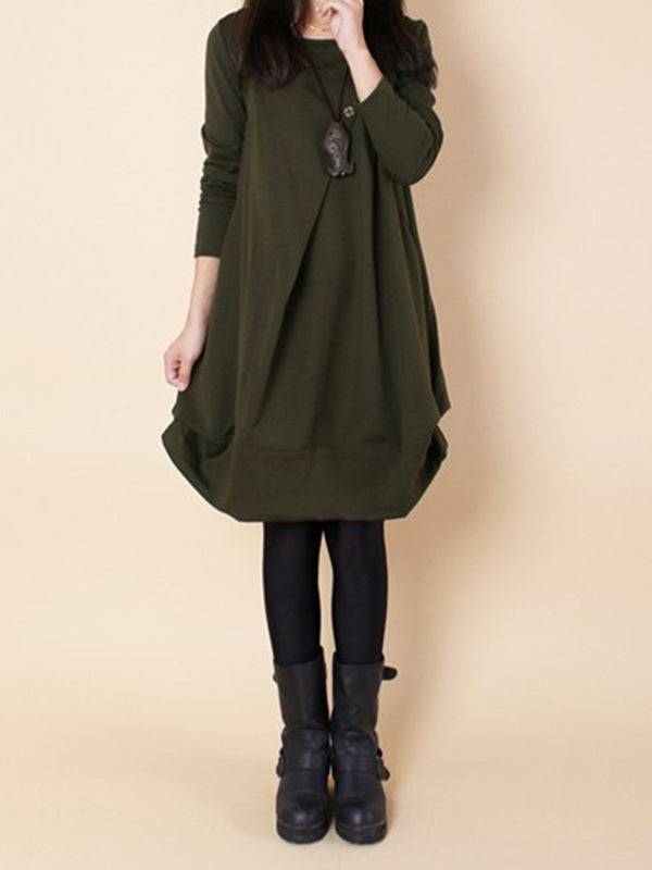 Robe longue plissée coupe trapèze, à manches longues, à col rond, couleur unie