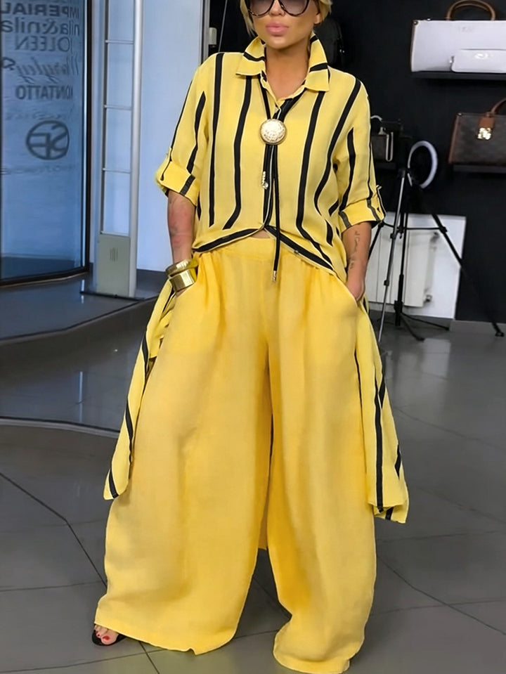 Ensemble deux pièces boutonné rayé à ourlet plongeant, à manches longues, à col revers, à poches, à jambes larges, couleur contrastée, couleur unie – chemisier + bas + pantalon