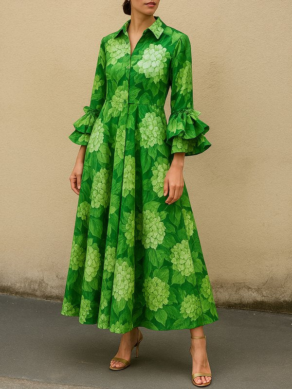 Robe longue plissée à manches évasées, taille haute, à imprimé floral, à col revers