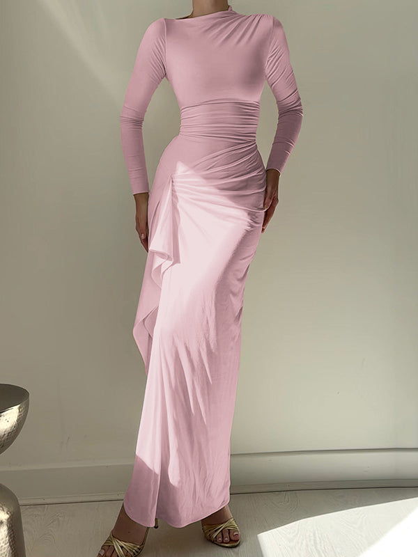 Robe longue moulante asymétrique plissée volantée taille haute, à empiècements, à col rond, couleur unie