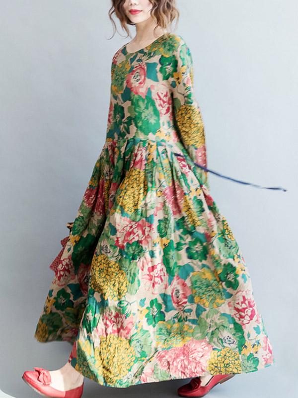 Robe longue style ethnique, à imprimé floral