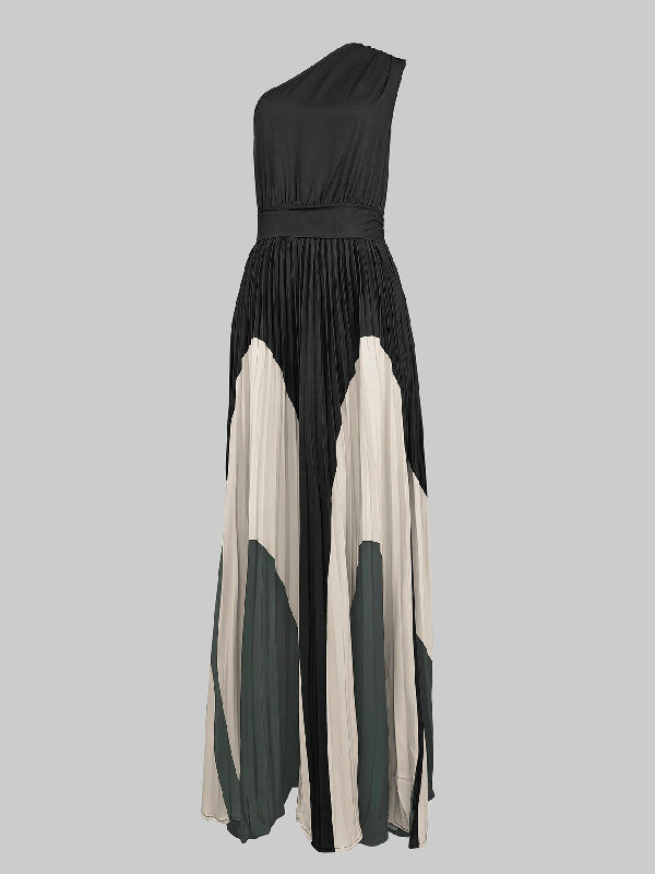 Robe longue asymétrique plissée imprimée sans manches, asymétrique à une épaule
