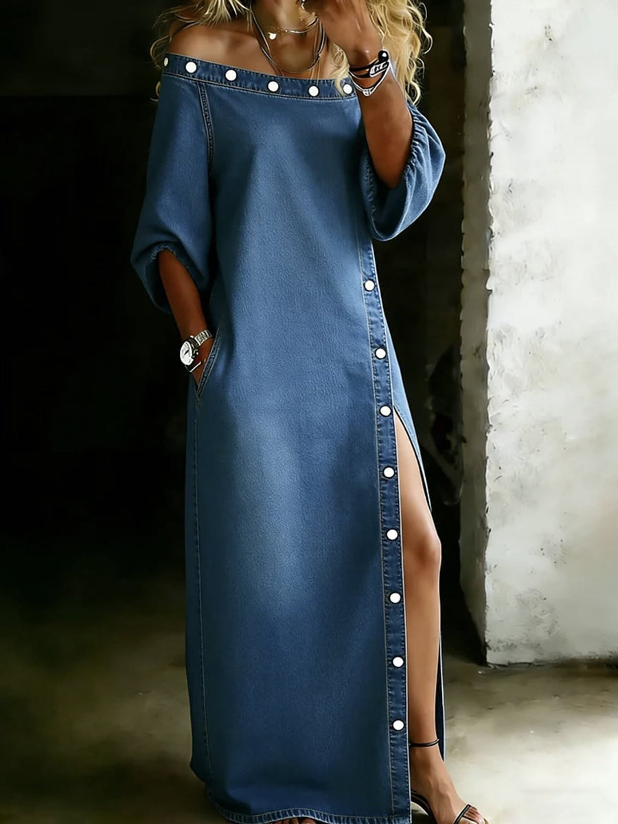 Robe longue boutonnée à poches, à manches trois-quarts, coupe droite, à épaules dénudées, couleur unie