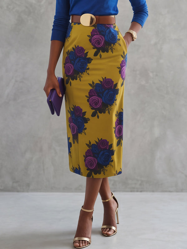 Jupe à fermeture éclair, à poches, à imprimé floral, avec ceinture, taille haute