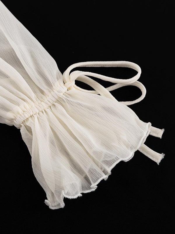 Robe courte nouée coupe trapèze, taille haute, à bordure volantée, à col en V, couleur unie
