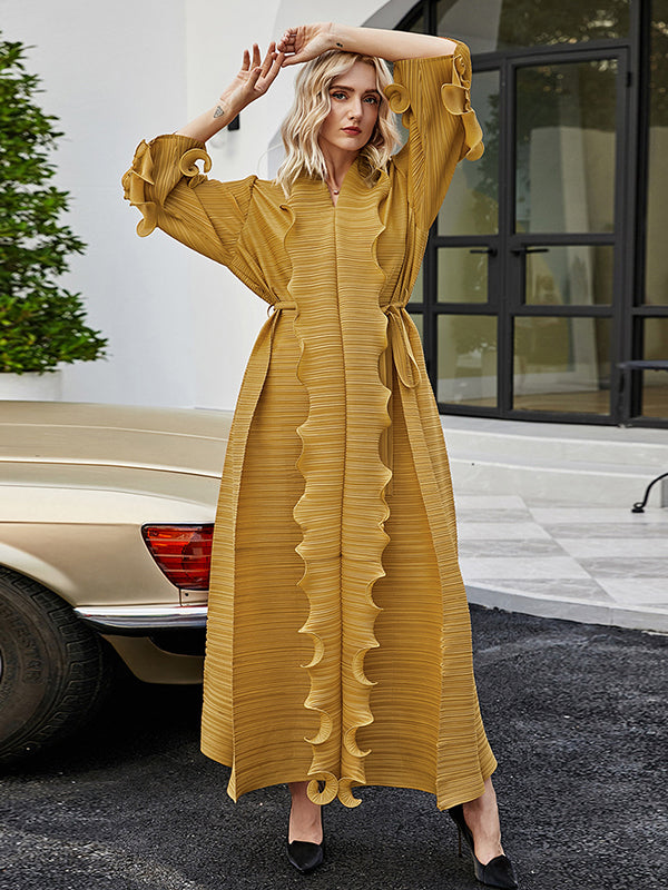 Robe longue ample nouée plissée à manches longues, à falbalas, à col en V, couleur unie