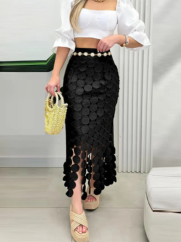Jupe moulante taille haute, à empiècements, à pompons, couleur unie