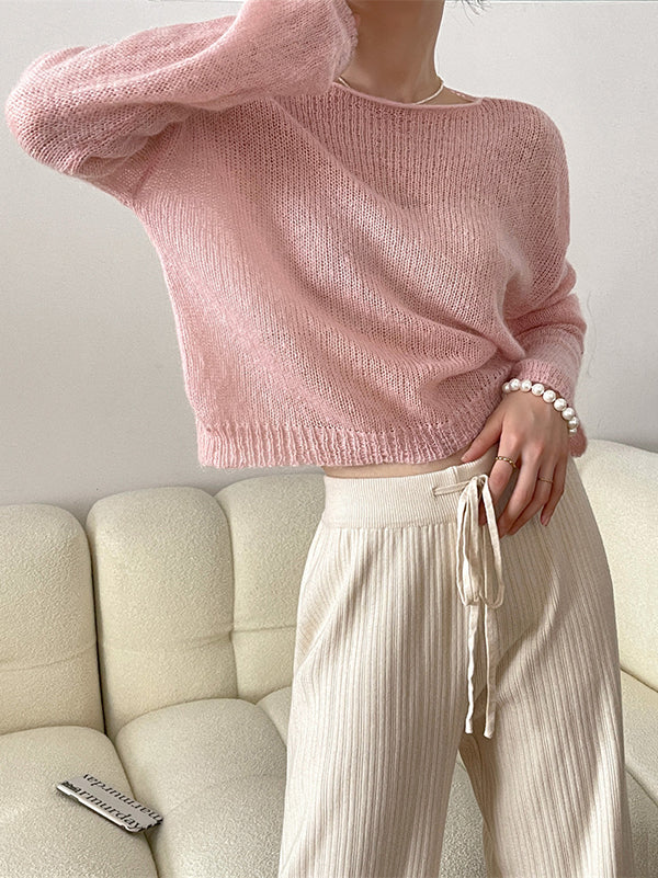 Pull fin tricoté en Mohair doux, manches longues, couleur unie, hauts fins