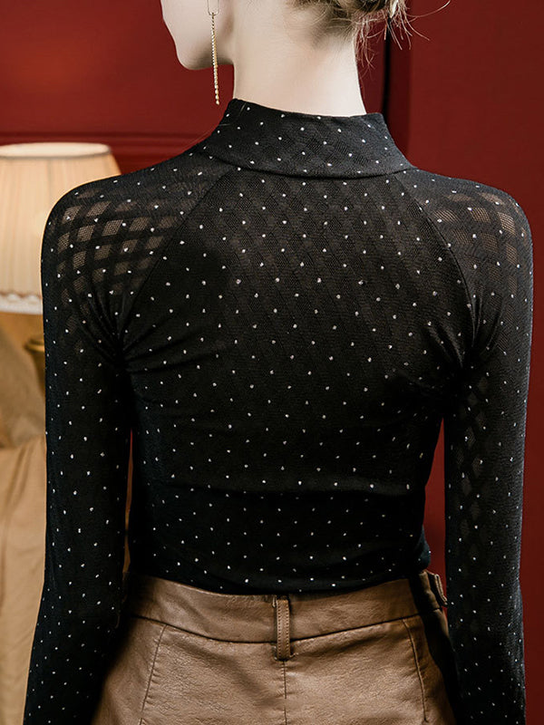 T-shirt ajouré à manches longues, grande taille, à nœud, à pois, à strass, à empiècements, à col cheminée