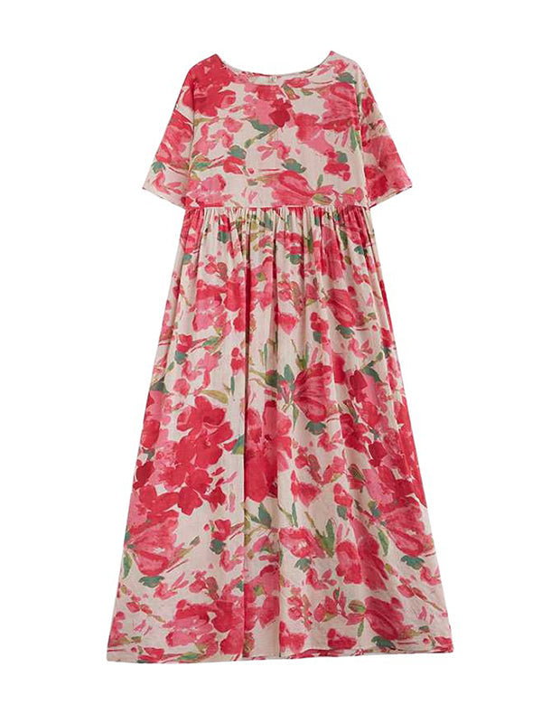 Robe mi-longue plissée coupe trapèze, à manches chauve-souris, à imprimé floral, à empiècements, à col rond