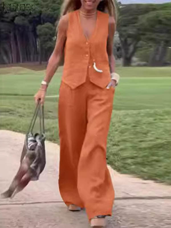 Ensemble deux pièces ample, couleur unie, col en v, pantalon élastique, grande taille