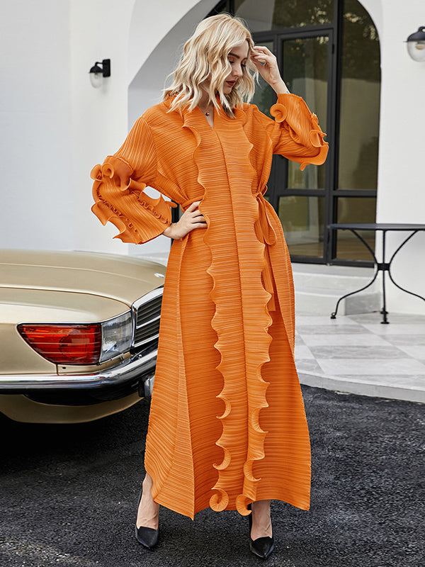 Robe longue ample nouée plissée à manches longues, à falbalas, à col en V, couleur unie