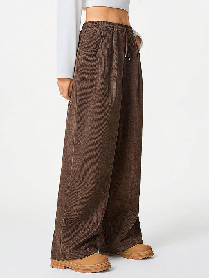 Pantalon taille haute, à jambes larges, à cordon de serrage, à taille élastique, à poches, couleur unie