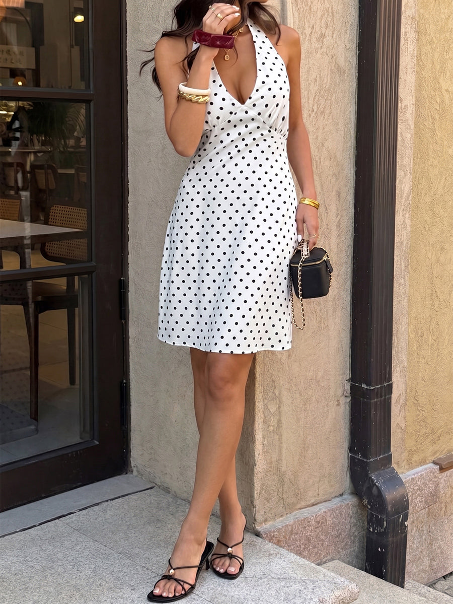 Robe courte nouée à empiècements, à pois, dos nu, sans manches, taille haute, à col licou