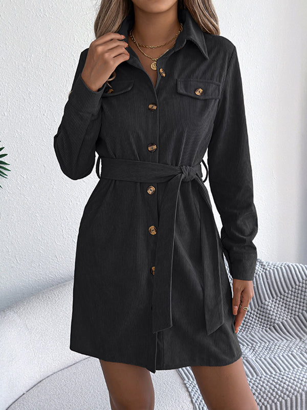 Robe chemise boutonnée à taille élastique, à manches longues, avec ceinture, à boutonnage simple, à col revers, couleur unie
