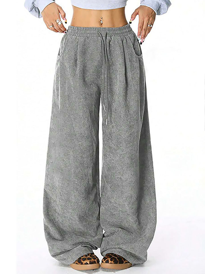 Pantalon taille haute, à jambes larges, à cordon de serrage, à taille élastique, à poches, couleur unie