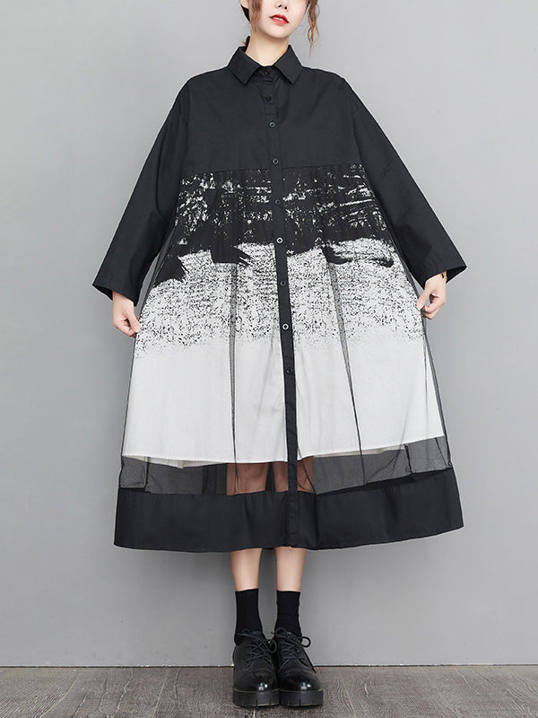 Robe mi-longue boutonnée imprimée coupe trapèze, à manches longues, en gaze, à empiècements, à col revers
