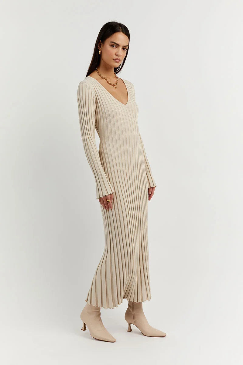 Lavinia - Robe midi en tricot à manches longues avec décolleté en V
