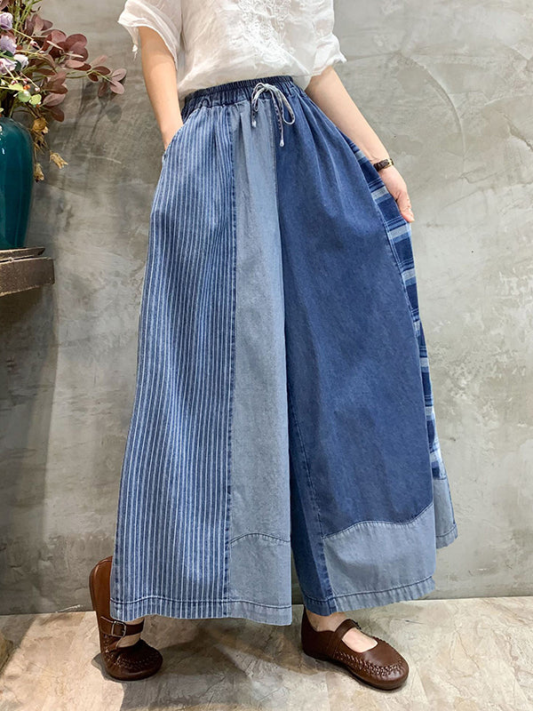 Bas de pantalon en Jean à carreaux, ample, élastique, avec cordon de serrage, à empiècements, neuvième pantalon
