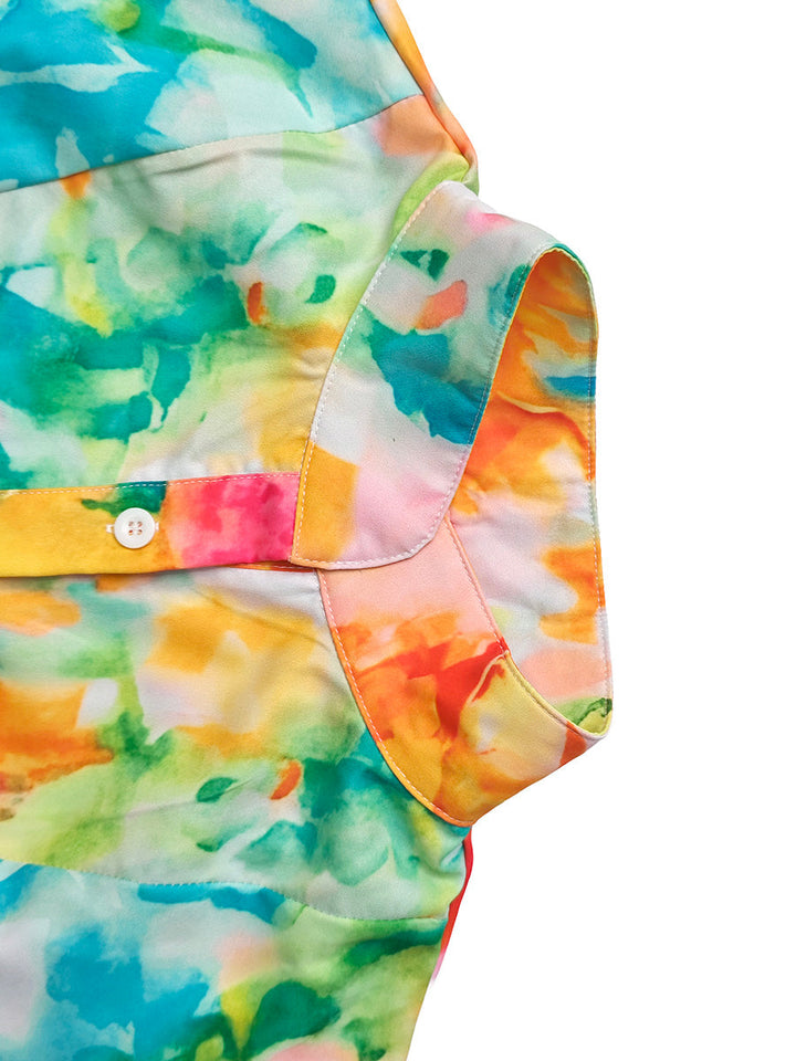 Robe chemise boutonnée plissée imprimée coupe trapèze, à manches longues, à poches, à col revers, couleur contrastée