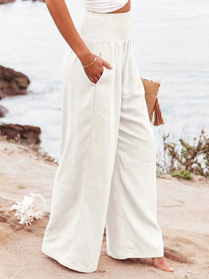 Pantalon plissé à taille élastique, taille haute, à poches, à empiècements, couleur unie