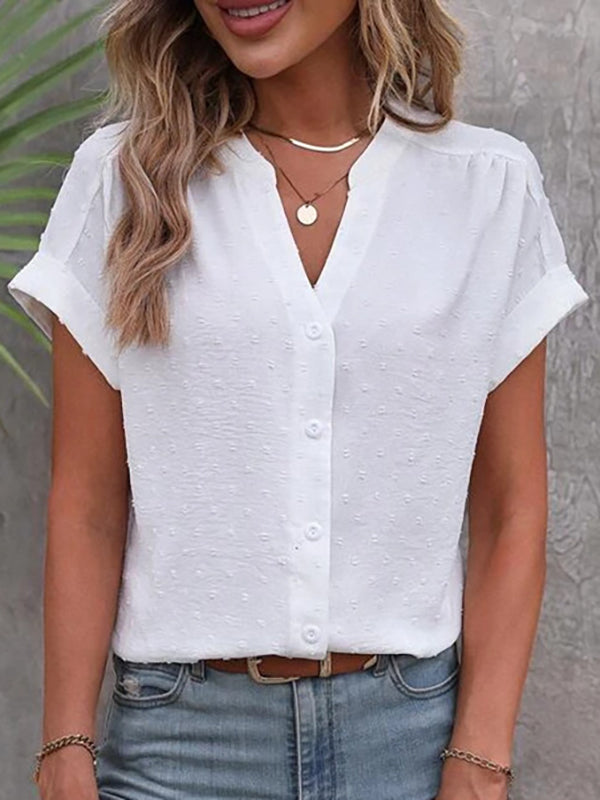 Chemisier ample boutonné à manches raglan, en jacquard, à col en V, couleur unie