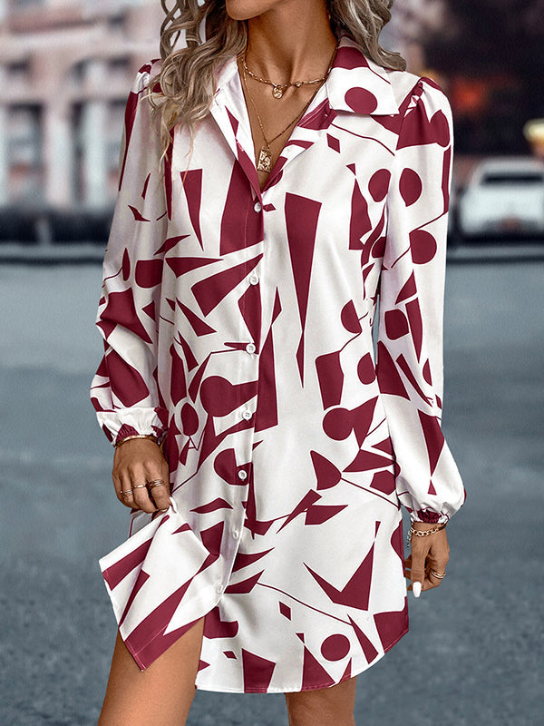 Robe chemise ample imprimée à manches bouffantes, à empiècements, à col revers