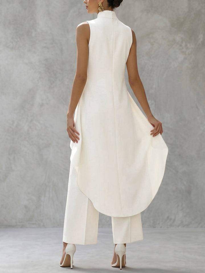 Ensemble deux pièces à col cheminée, à ourlet plongeant, taille haute, couleur unie – chemisier + pantalon