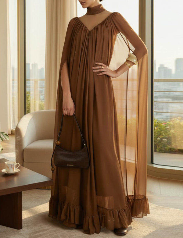Robe longue superposée plissée volantée transparente style cape, à coupe irrégulière, à empiècements, à col haut, couleur unie