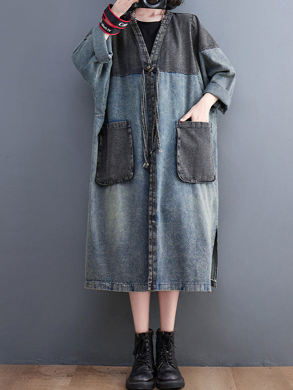 Artistique Rétro Denim Manches Longues Lâche Attaché à empiècements Trench Manteaux
