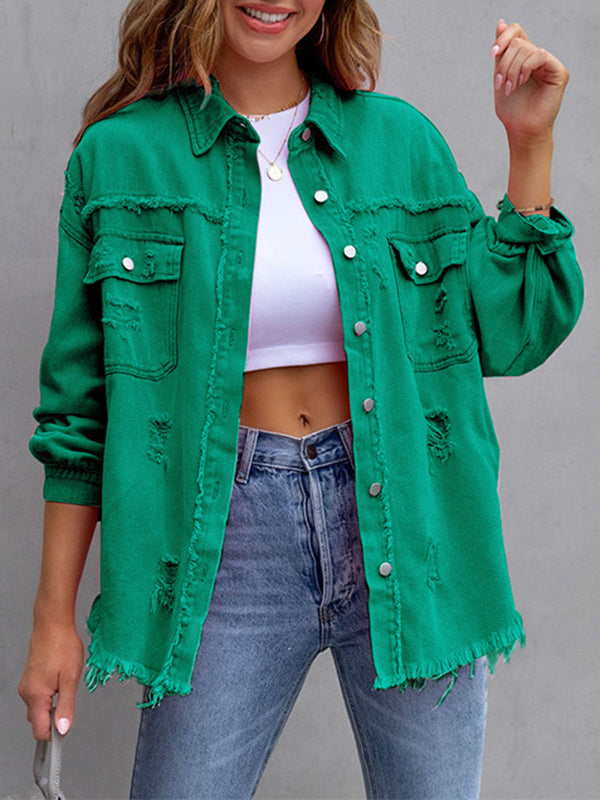 Veste ample à manches longues, à franges, à poches, à col revers