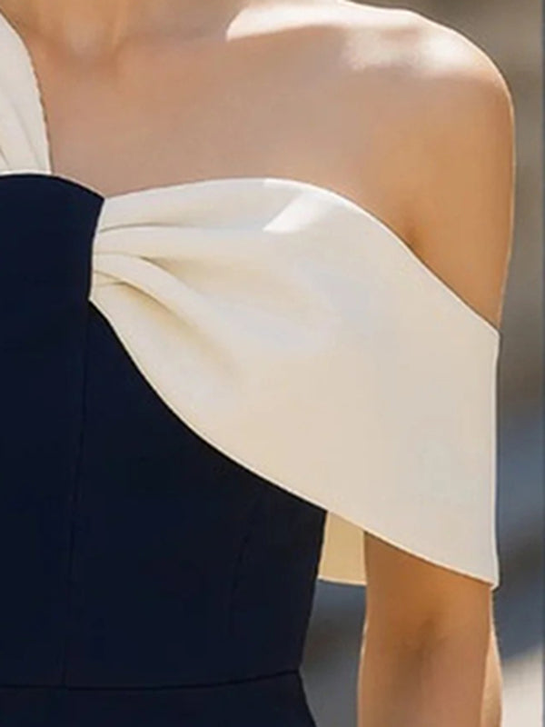 Chemisier ample asymétrique plissé à empiècements, asymétrique à une épaule, couleur contrastée
