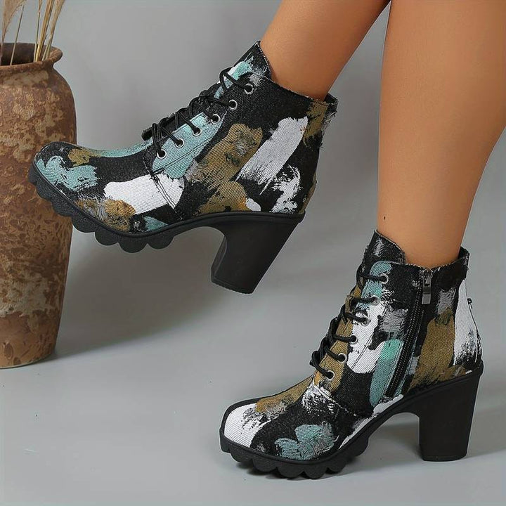 Bottines artisanales avec motif abstrait et talon épais pour femmes
