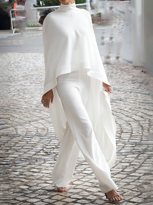 Pantalon ensemble deux pièces ample à ourlet plongeant, à col haut, couleur unie