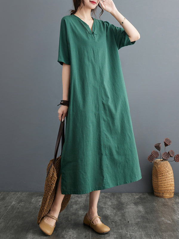 Robe trapèze ample avec boutons de grenouille chinoise, poches, couleur unie, fendue sur le côté, col en v, robes mi-longues