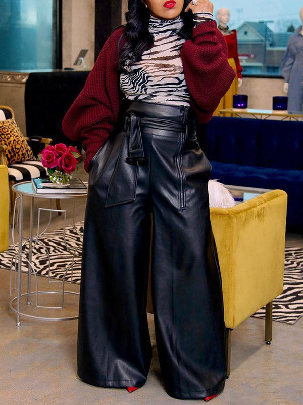Pantalon taille haute, à jambes larges, avec ceinture, à fermeture éclair, couleur unie