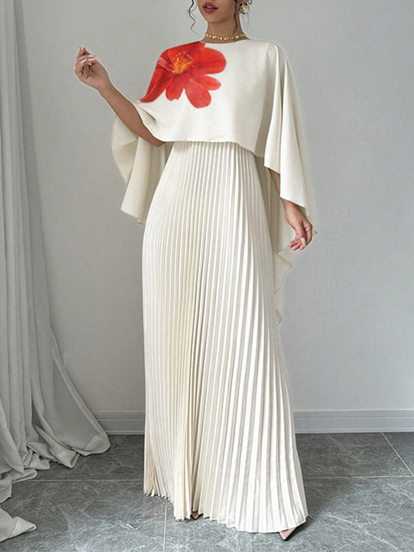 Robe de soirée longue ample plissée style cape, à imprimé floral, à empiècements, à col rond