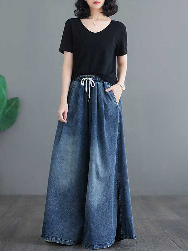 Pantalon ample fendu sur le côté à jambes larges, à cordon de serrage