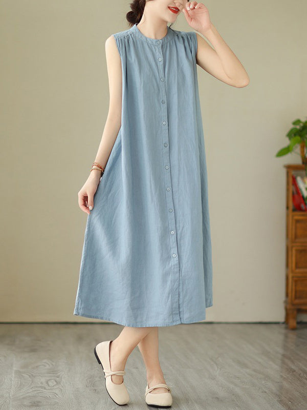 Robe mi-longue boutonnée plissée coupe trapèze, sans manches, à col rond, couleur unie