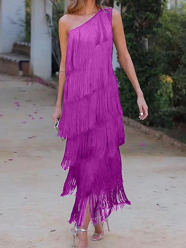 Robe longue ample asymétrique sans manches, à empiècements, à pompons, asymétrique à une épaule, couleur unie
