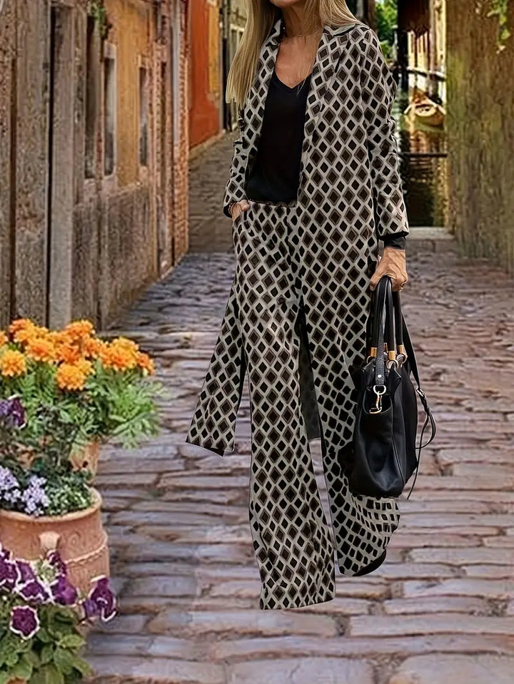 Ensemble Urbain Chic composé d'un long manteau et d'un palazzo avec imprimé géométrique pour femmes