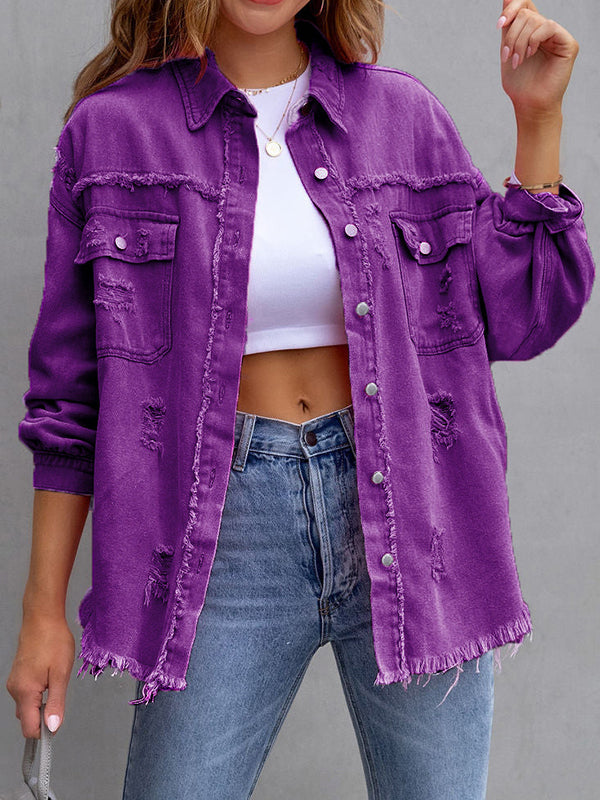 Veste ample à manches longues, à franges, à poches, à col revers